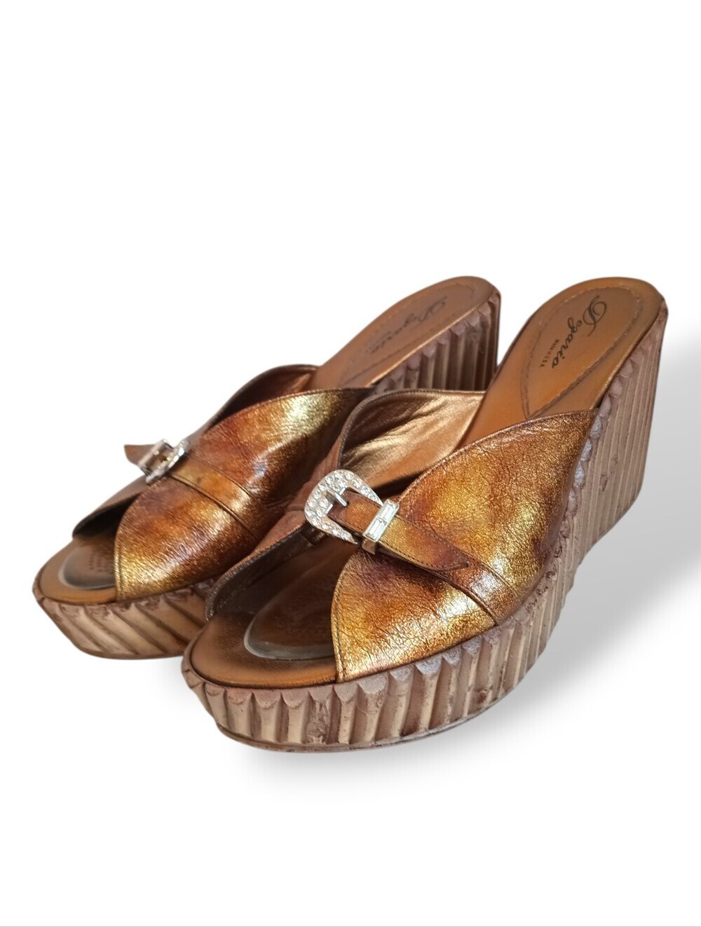 Dezario Bronze Metallic Wedge Slides Rhinestone Buckle Bamboo Gold Platform Heel